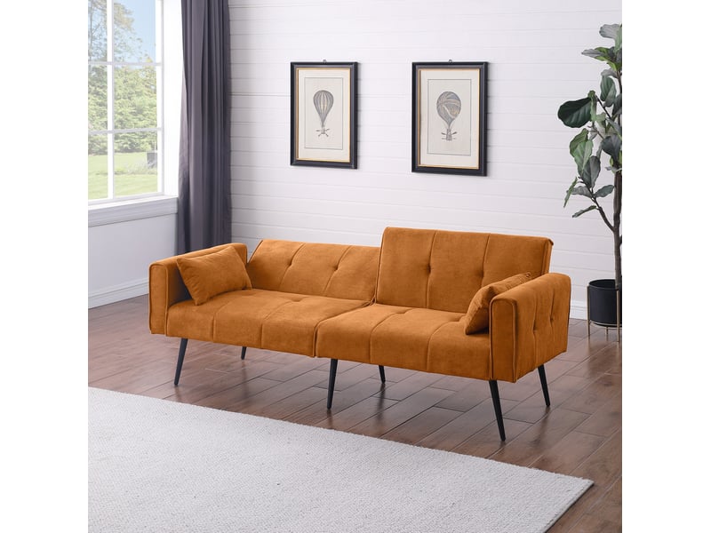  Canapé futon convertible 175x71x71 cm 2 places, 8 pieds robustes en métal et accoudoirs, revêtement tissu côtelé orange  - Conforama D