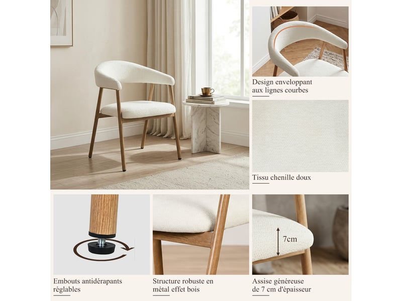  Chaises de salle à manger lot de 6 rembourrée en chenille, pieds en métal effet bois, beige  - Conforama C