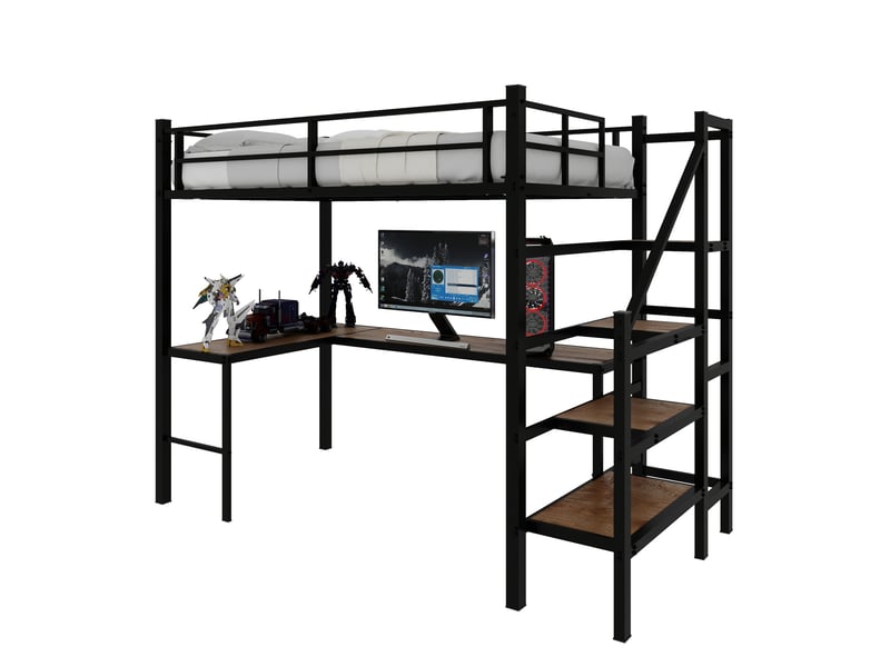  Lit mezzanine 90 × 190 cm 1 place avec bureau, étagères, rangement et escalier, sans matelas, en fer, noir  - Conforama A