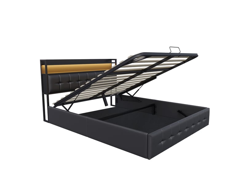  Lit double coffre - 160 x 200 cm-noir - en similicuir pu, avec tête de lit de rangement, éclairage led intelligent, prises et vérins hydrauliques  - Conforama D