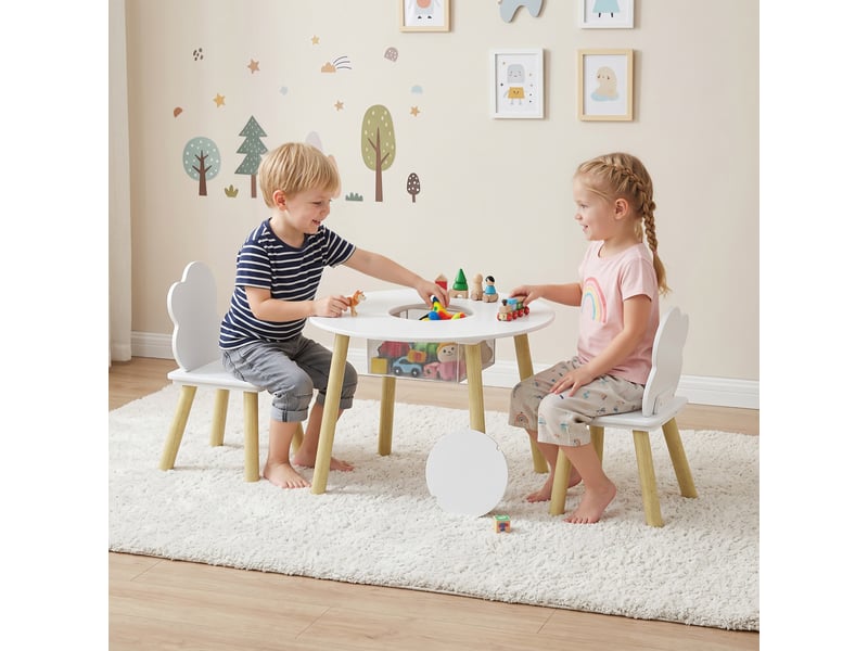 Table enfant + 2 chaises, sac filet, motif nuage. 3-6 ans, crèchesalle de classe, blanche. - Conforama B