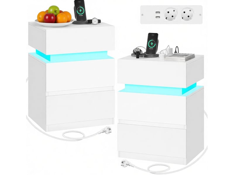  Tables de chevet lot de 2 avec led, 2 tiroirs et prises usb pour chambre, blanc, 40 × 35 × 55 cm  - Conforama A