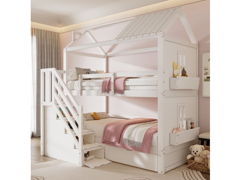  Lits superposés enfant 90x200cm, garde-corps, sommiers, lit cabane, espace de rangement, en bois+mdf, blanc, sans matelas  - Conforama B