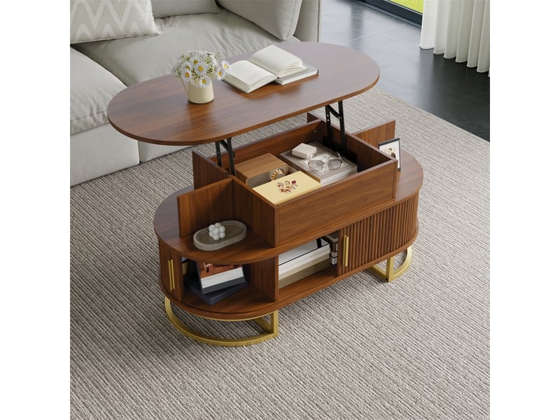  Table basse ovale relevable – 100 x 50 x 49.5 cm – plateau relevable &amp; portes coulissantes – mdf - noyer  - Conforama B