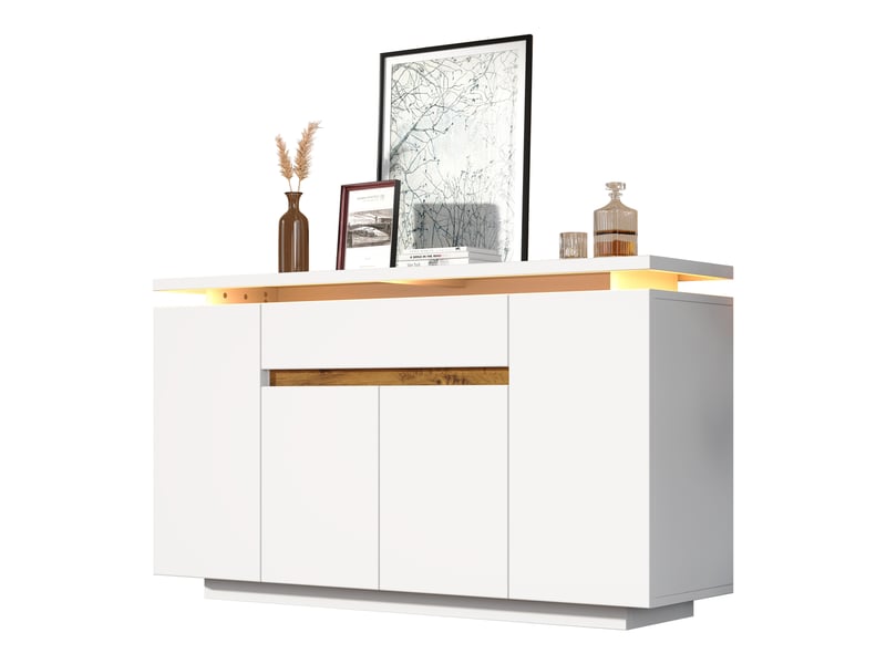  Buffet blanc avec éclairage led, 4 portes et 1 tiroir, étagères réglables, pour salon ou cuisine, 140 x 40 x 80 cm  - Conforama A