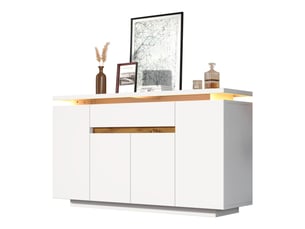 Buffet blanc avec éclairage led, 4 portes et 1 tiroir, étagères réglables, pour salon ou cuisine, 140 x 40 x 80 cm