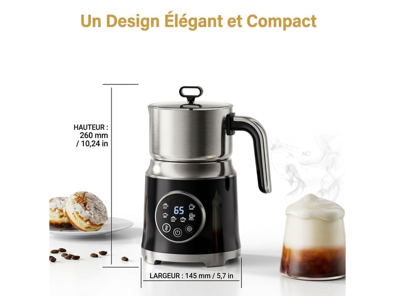  Mousseur à lait électrique 6-en-1 600w 1,2l – émulsionneur à induction verseuse inox amovible compatible lave-vaisselle, écran tactile led et fonction chocolat chaud – noir et inox  - Conforama E