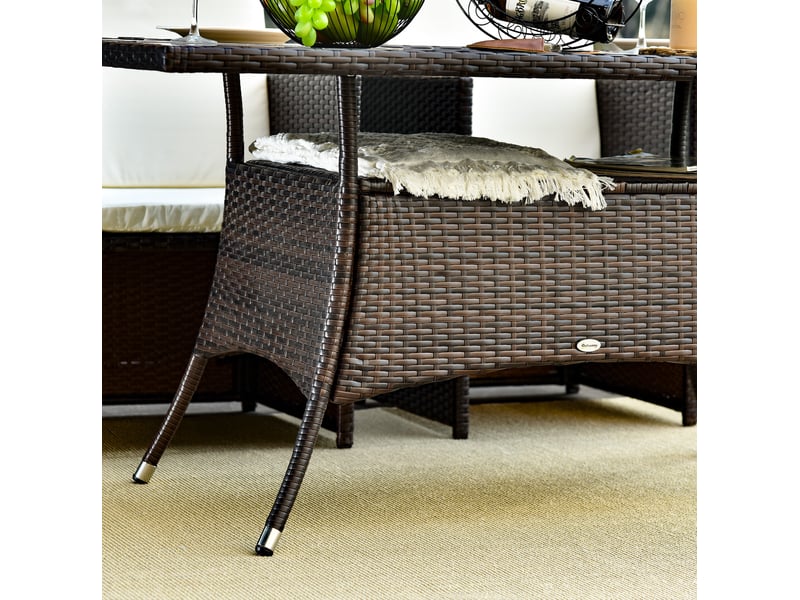  Table de jardin ulevr rectangulaire 150 x 85 x 74 cm en polyrotin, plateau en verre de sécurité, structure en métal, marron  - Conforama D
