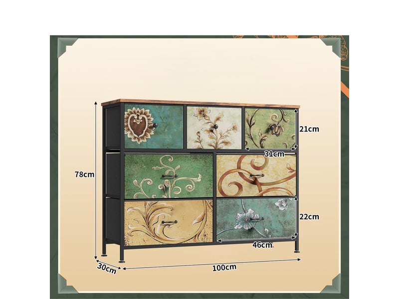  Commode de rangement, 100x30x78 cm, 7 tiroirs en tissu, cadre en métal, style rétro, multicolore  - Conforama E