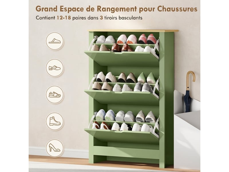 Meuble à chaussures 3 tiroirs basculants vert et naturel 72 x 26 x 112 cm  - Conforama E