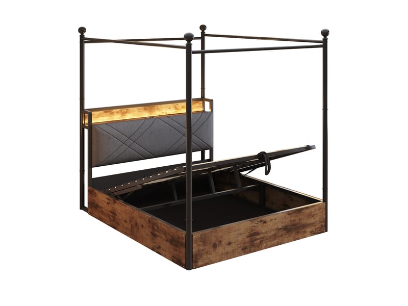  Lit baldaquin 140x190cm, lit coffre, lit modulable, recharge, led, dossier en mousse, fer, mdf, noir, motif bois  - Conforama R