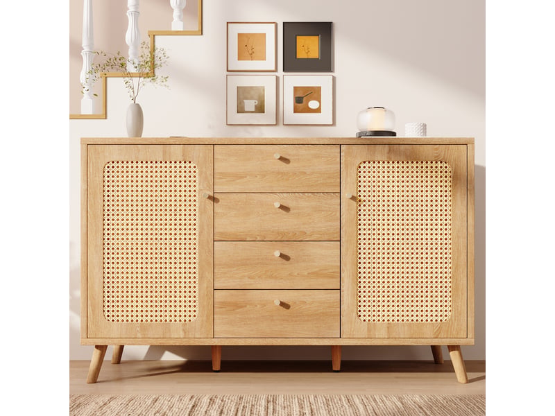 Buffet chêne clair 140 × 40 × 86 cm, 4 tiroirs et 2 portes effet rotin IKSETERA TRADING LTD - Conforama D
