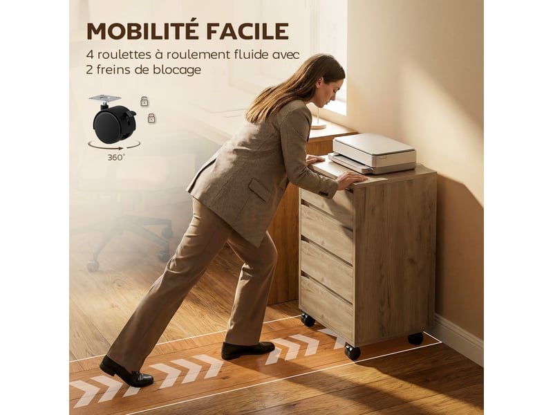  Caisson de bureau sur roulettes 4 tiroirs mdf aspect bois marron 46 x 40 x 65 cm  - Conforama D