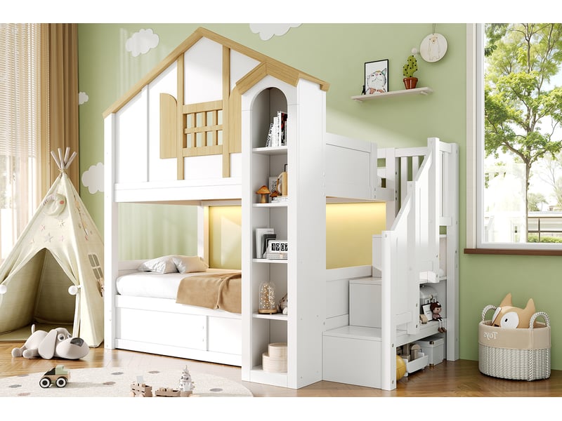  Lits superposés 90 × 200 cm, coffre sous le lit inférieur, escalier avec rangements et led, pin et mdf, blanc et naturel  - Conforama B