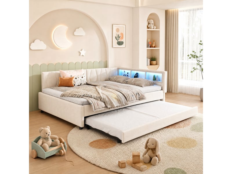  Lit gigogne 140x200 cm avec led et ports usb en lin beige  - Conforama B