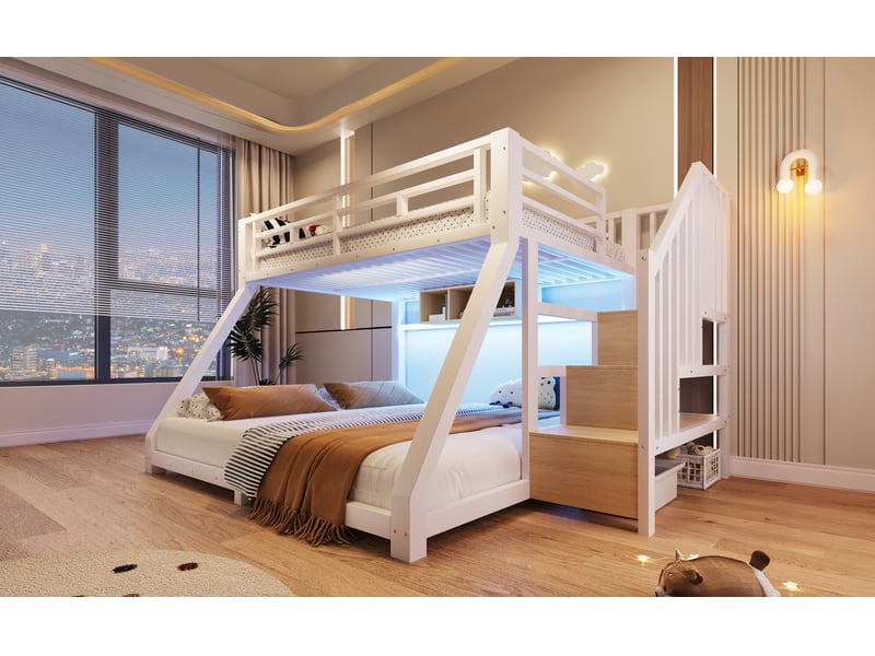  Lit superposé 140 × 200 et 90 × 200 cm, métal et mdf, led avec application, escalier et 3 niches, sans matelas, blanc  - Conforama B