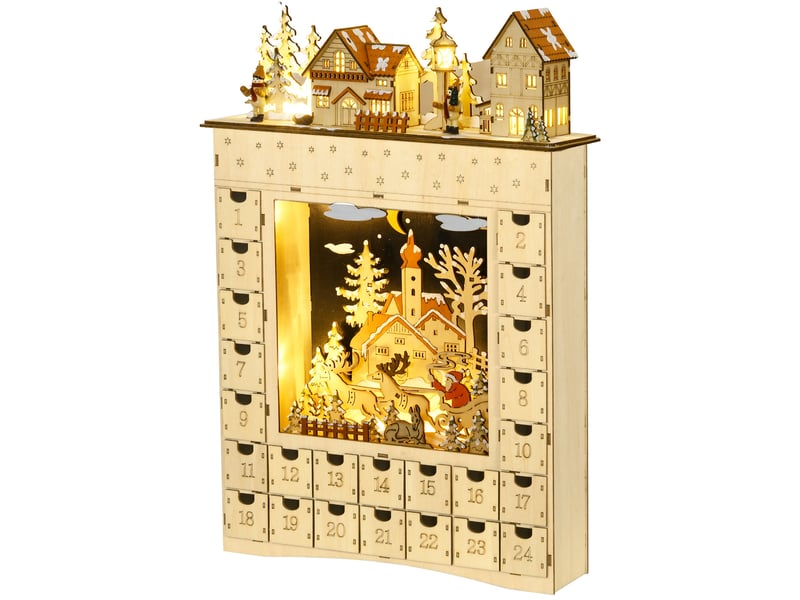  Calendrier de l'avent led en forme de village enneigé avec 24 tiroirs décoration lumineuse de noël beige  - Conforama A