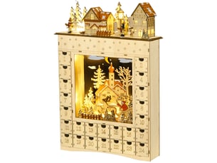 Calendrier de l'avent led en forme de village enneigé avec 24 tiroirs décoration lumineuse de noël beige