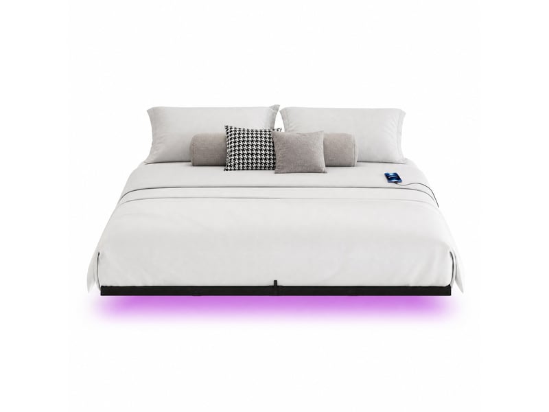  Lit flottant métal, 160x200 cm, mobilier de chambre, avec led intégrée, charge, matelas non inclus, métal, coloris noir  - Conforama A