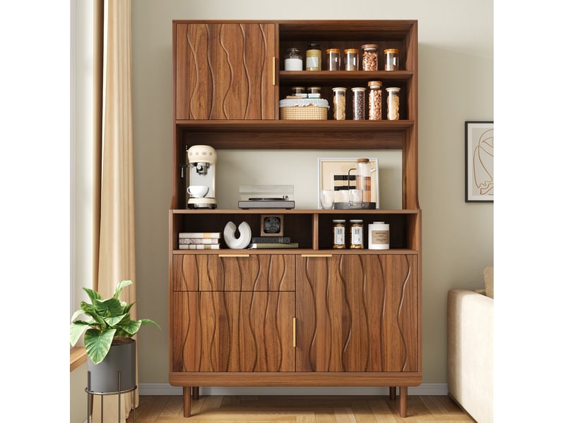 Buffet haut modenvie 100 x 32 x 170 cm avec tiroir, portes et étagères ouvertes, finition noyer - Conforama E