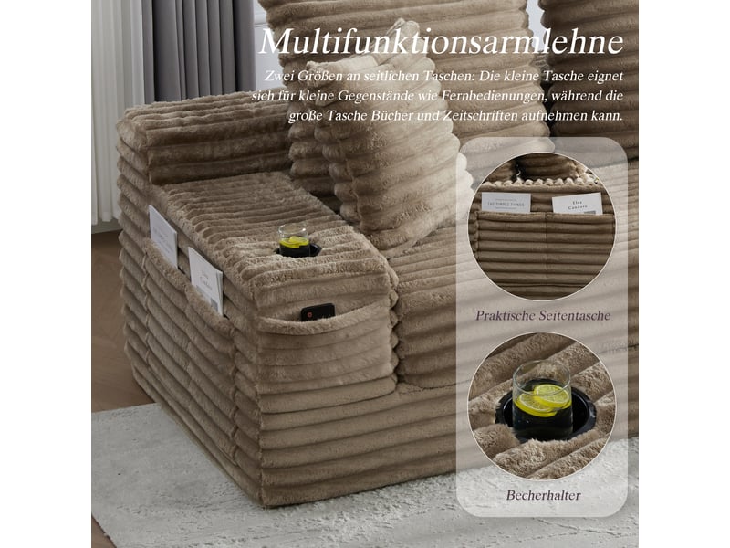  Canapé modulable convertible cordou kaki avec rangement latéral et porte-gobelets pour salon moderne  - Conforama W