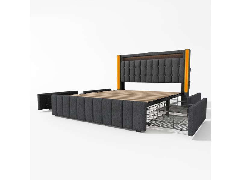 Lit double 160x200cm, éclairage led, 4 tiroirs, port de charge usb, type-c, design épuré, incluant un matelas, lin, gris - Conforama D