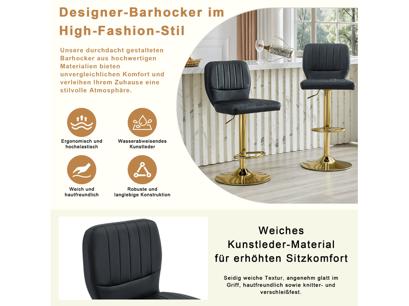 Tabouret de bar réglable et pivotant avec dossier et repose-pieds en cuir pu noir et doré - Conforama E