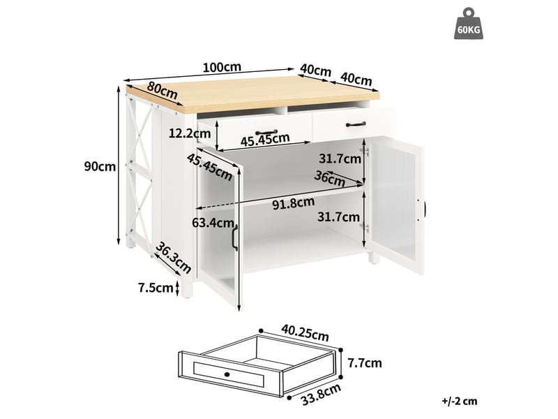  Îlot de cuisine 100x80x90 cm avec led, 2 tiroirs, porte vitrée, étagère et pieds réglables, plateau effet bois - blanc  - Conforama C
