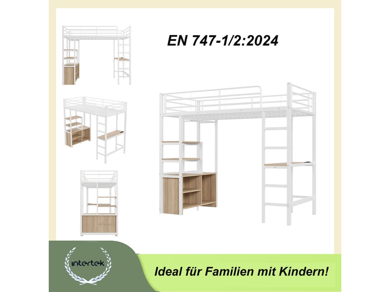  Lit mezzanine blanc 90x200cm avec rangement, échelle, bureau et étagères, armoire, sécurité renforcée - fer - pour enfant ado  - Conforama D