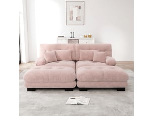 Canapé d’angle modulable 2 places en chenille rose avec 2 ottomans