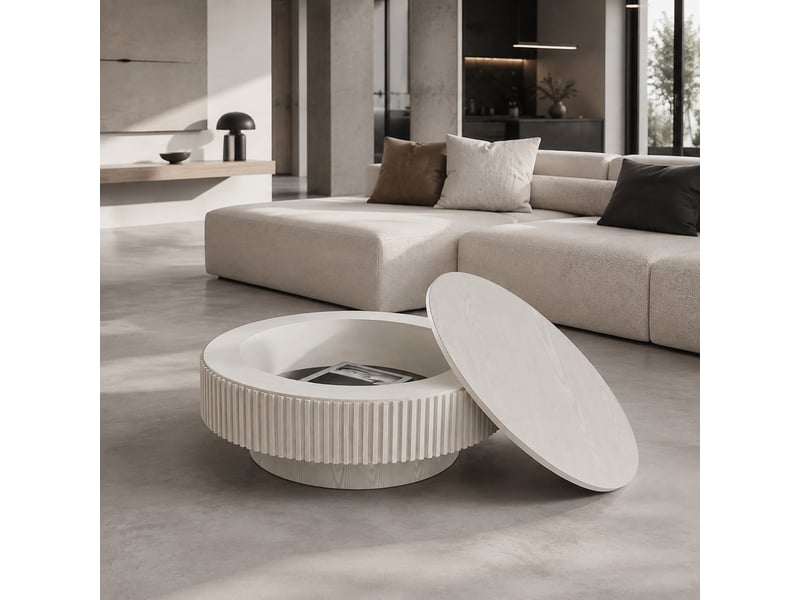  Table basse ronde avec rangement dissimulé sous plateau, finition bois blanc rétro, pour salon et chambre, 82 × 25 × 82 cm  - Conforama D