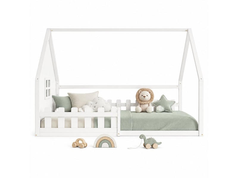  Lit enfant cabane 140 x 200 cm avec barrières, bois et sommier à lattes blanc  - Conforama A