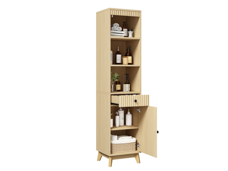 Armoire de salle de bain avec 1 porte réversible, tiroir et niches, fermeture douce en mdf naturel, 40 × 36 × 172 cm - Conforama A