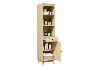 Armoire de salle de bain avec 1 porte réversible, tiroir et niches, fermeture douce en mdf naturel, 40 × 36 × 172 cm