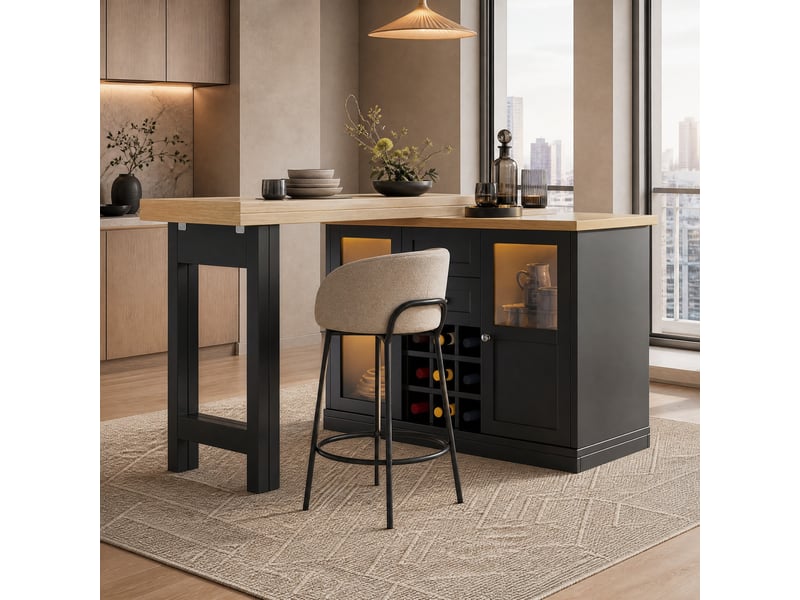 Table extensible pivotante à 360° avec 2 tiroirs, 2 placards, range-bouteilles et led, mdf noir, 120 × 40 × 72 cm - Conforama C