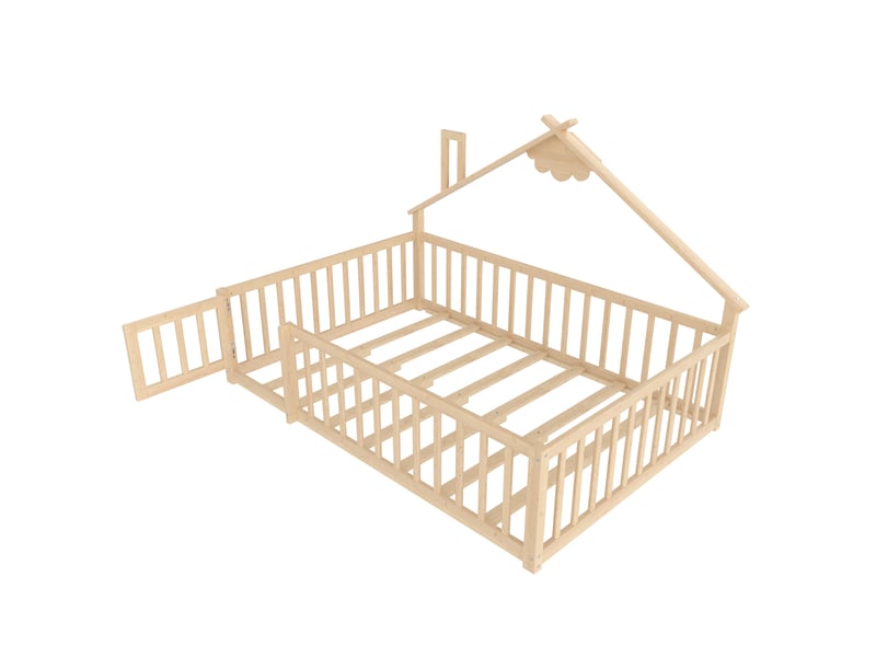  Lit plat 140x190 cm, lit enfant, barrière maison, garde-corps avec serrure, pin, naturel  - Conforama A