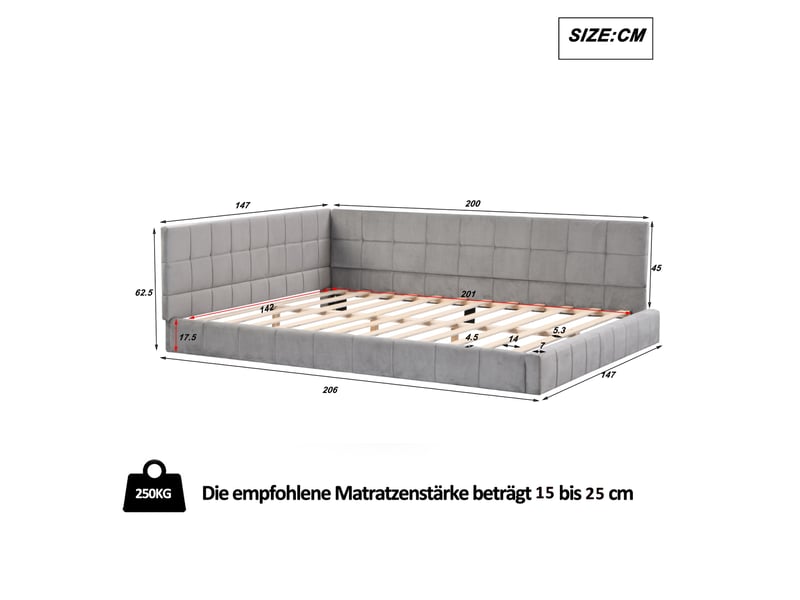  Lit banquette enfant rembourré 140 x 200 cm avec sommier à lattes, velours, gris Fay Lum - Conforama C