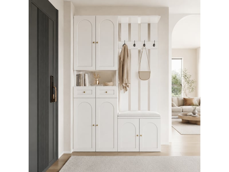 Meubles d'entrée avec banc, 6 portes, 2 tiroirs et 4 patères pour chaussures et accessoires, blanc, 110 × 37 × 180 cm - Conforama B