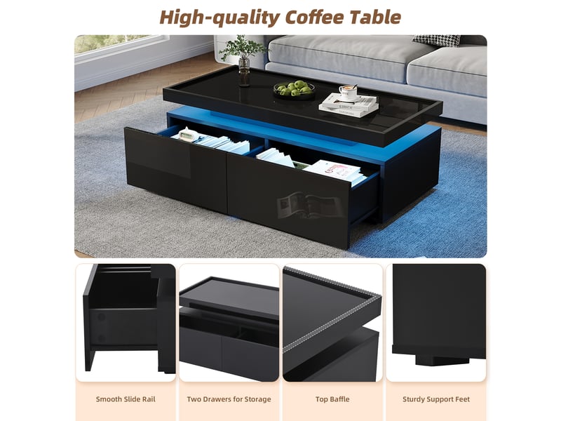  Table basse avec 2 tiroirs et led pour salon 95×45×35 cm en panneaux de particules noir  - Conforama C