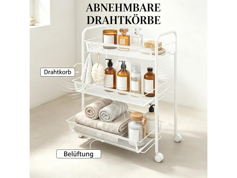 Desserte roulante 3 niveaux avec paniers, chariot de rangement cuisine mobile, blanc - Conforama E
