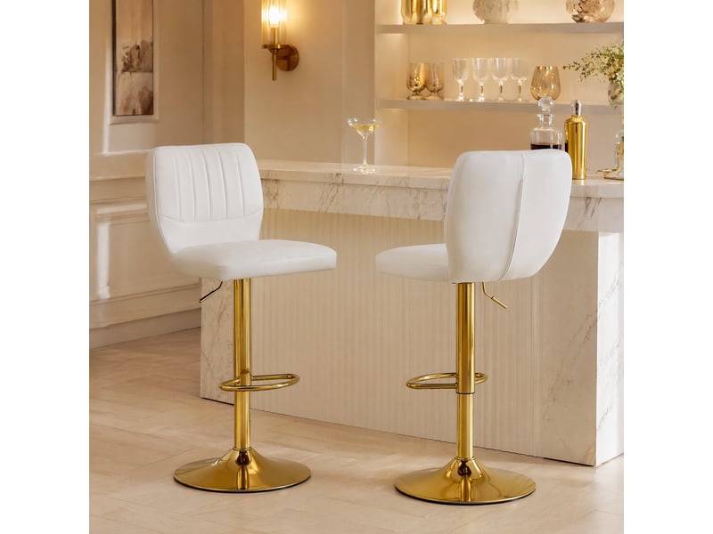 Tabouret de bar pivotant réglable en hauteur avec dossier et repose-pieds, en pu blanc et doré - Conforama B