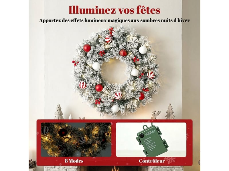  Couronne de noël led enneigée décorée dia. 60cm 50leds blanc chaud  - Conforama E