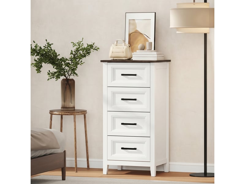  Commode à 4 tiroirs pour chambre et salon, en bois, 45 x 35 x 87 cm, blanc et marron  - Conforama C