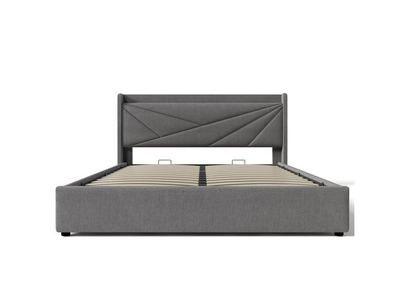  Lit double 180x200 cm tissu lin tête de lit rangement intégré sommier ports usb-c sans matelas  - Conforama E