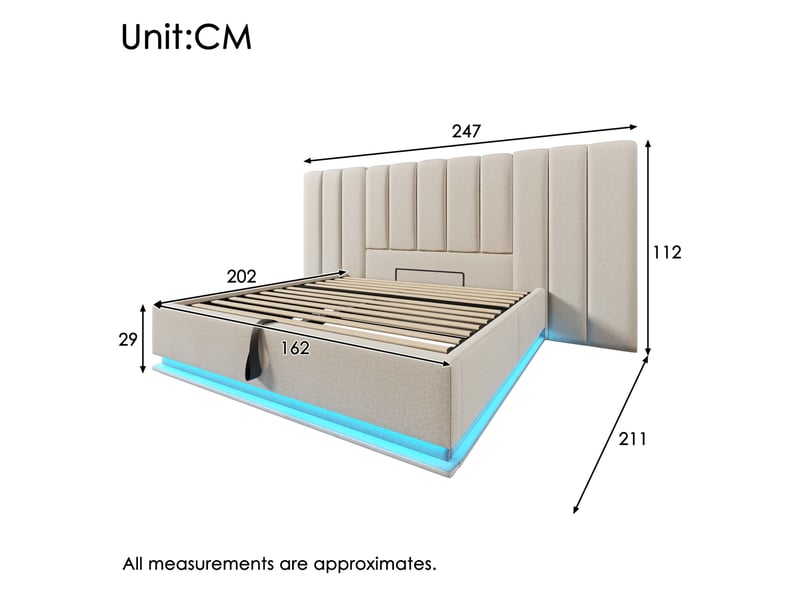  Lit coffre 160 × 200 cm 2 places avec led, 3 usb et type-c, rangement hydraulique, sans matelas, en lin beige  - Conforama D