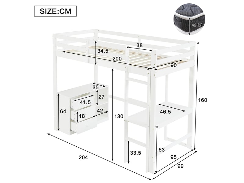 Lit mezzanine 90x200cm avec bureau, meuble à tiroirs et étagère de rangement, échelle à 4 niveaux, bois, blanc,sans matelas - Conforama E
