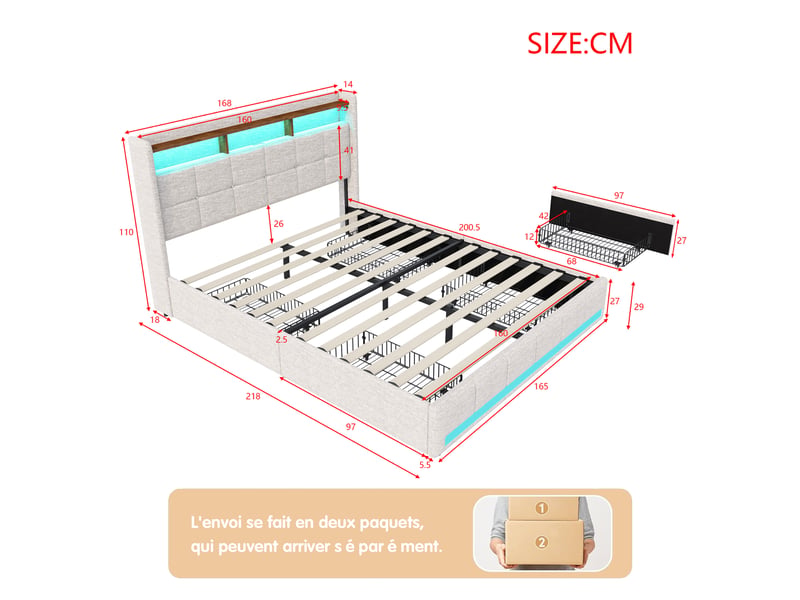Lit 160 x 200 cm avec sommier - 4 tiroirs - cadre de lit rembourré avec led intégrée et usb type‑c - lit coffre double avec rangement et tete de lit capitonné - 2 personnes - 2 places- en lin - beige - chambre adulteado - sans m… - Conforama R