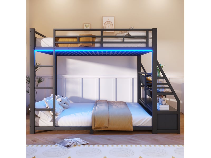  Lit superposé 140x200 cm avec led et 2 tiroirs en tissu, noir  - Conforama D