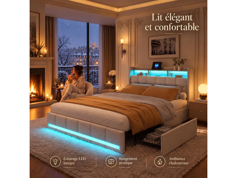  Lit avec tiroirs 140x200 cm coloris beige  - Conforama C