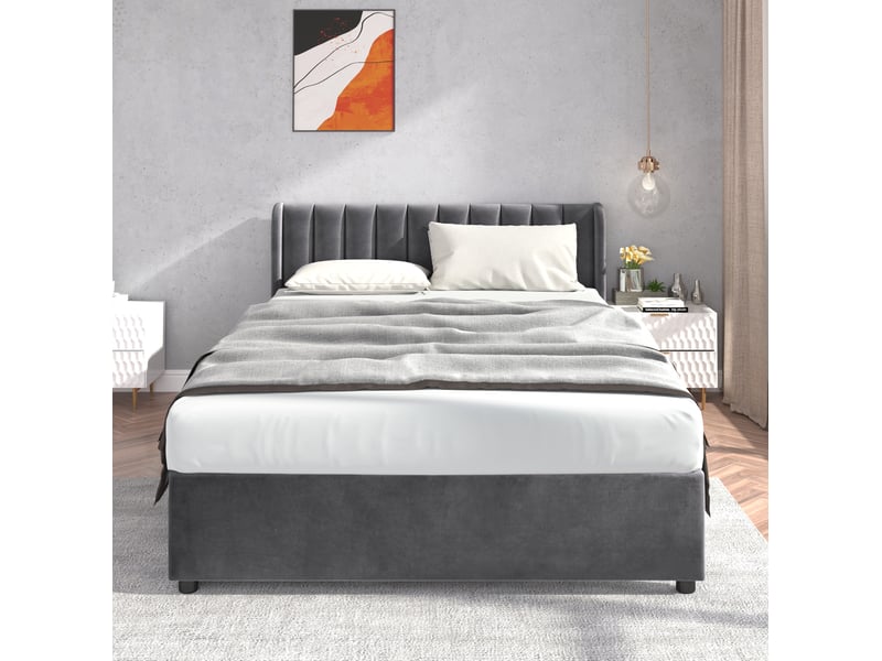  Modenvie lit avec rangement 160x200 cm - velours, tête de lit haute, sommier inclus - gris  - Conforama E
